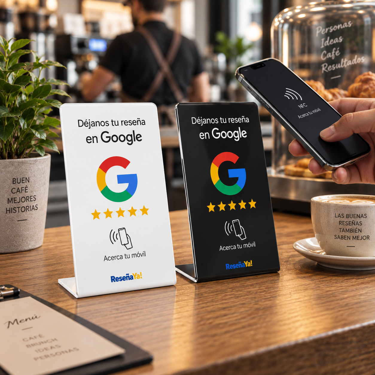 Dos expositores de ReseñaYa con el logotipo de Google en la barra de una cafetería, mientras una mano acerca el móvil a uno de ellos