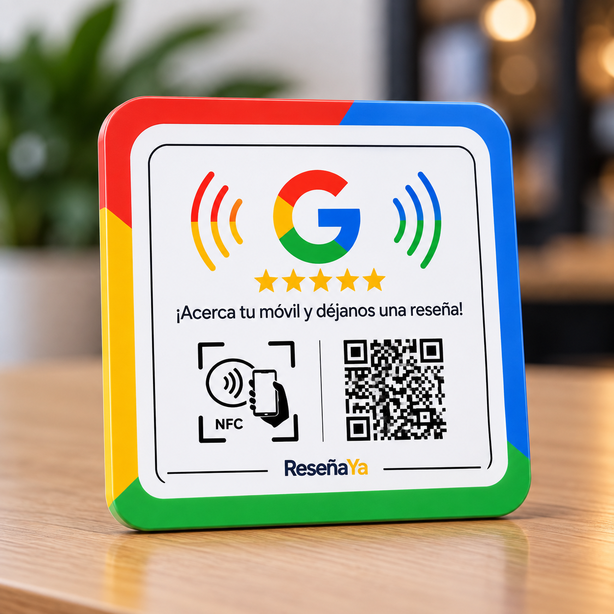 Placa NFC de ReseñaYa sobre un mostrador, con el código QR y el aviso de acercar el móvil