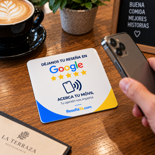 Placa NFC para reseñas de Google sobre la mesa de un restaurante, con un cliente acercando el móvil para dejar su opinión