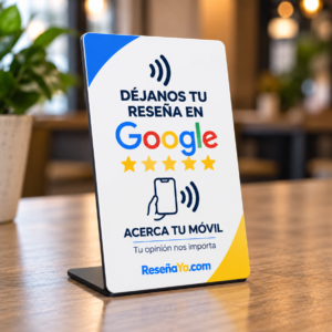 Expositor de mesa NFC para reseñas de Google con peana, sobre la barra de una cafetería