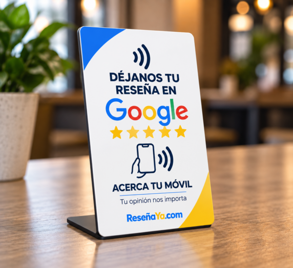 Expositor de mesa NFC para reseñas de Google con peana, sobre la barra de una cafetería
