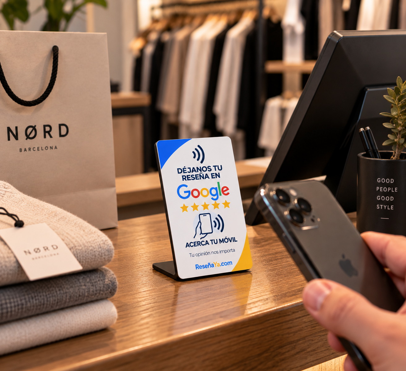 Expositor NFC para reseñas de Google en el mostrador de una tienda de ropa, mientras una clienta acerca el móvil