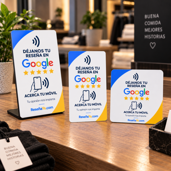 Pack ReseñaYa con el expositor de mesa, la placa y la tarjeta NFC colocados juntos en un mostrador