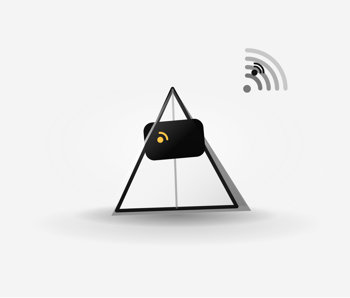 Display de barra triangular Reseña Ya con la tarjeta encajada, sobre la barra, en ligero ángulo.
