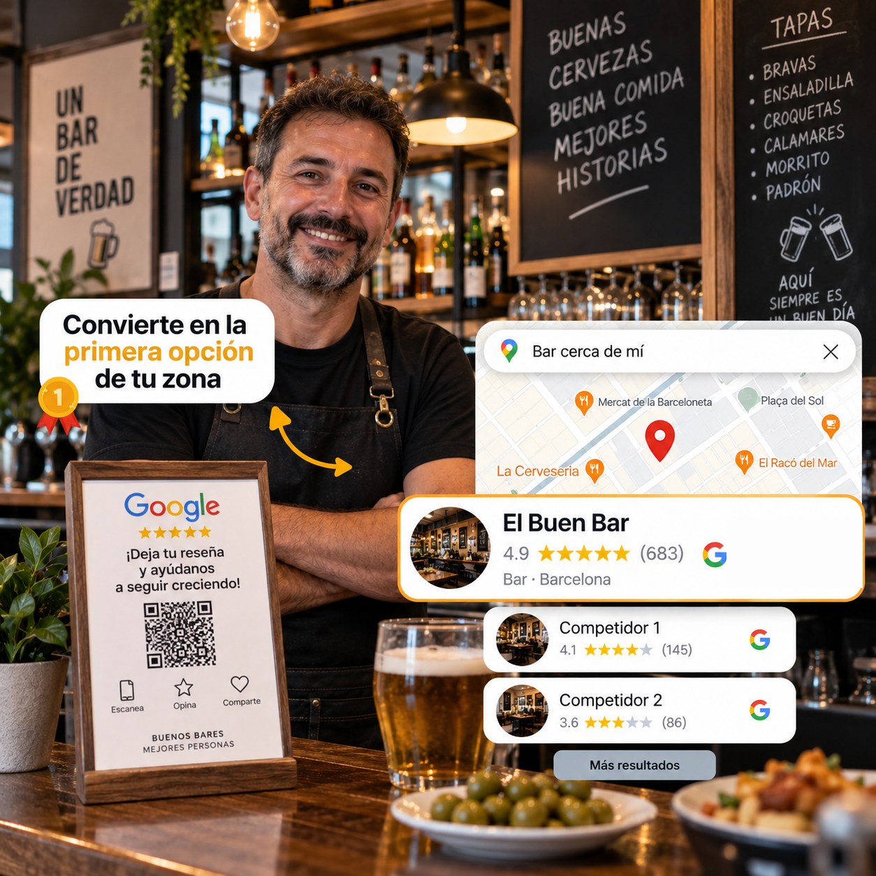 Barra de bar con un expositor con código QR para dejar reseñas en Google